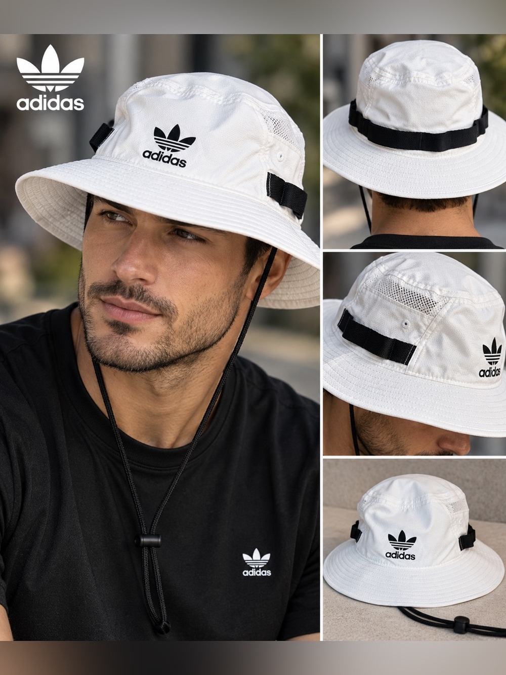 adidas Originals Trefoil White Boonie Bucket Hat Mesh Outdoor New